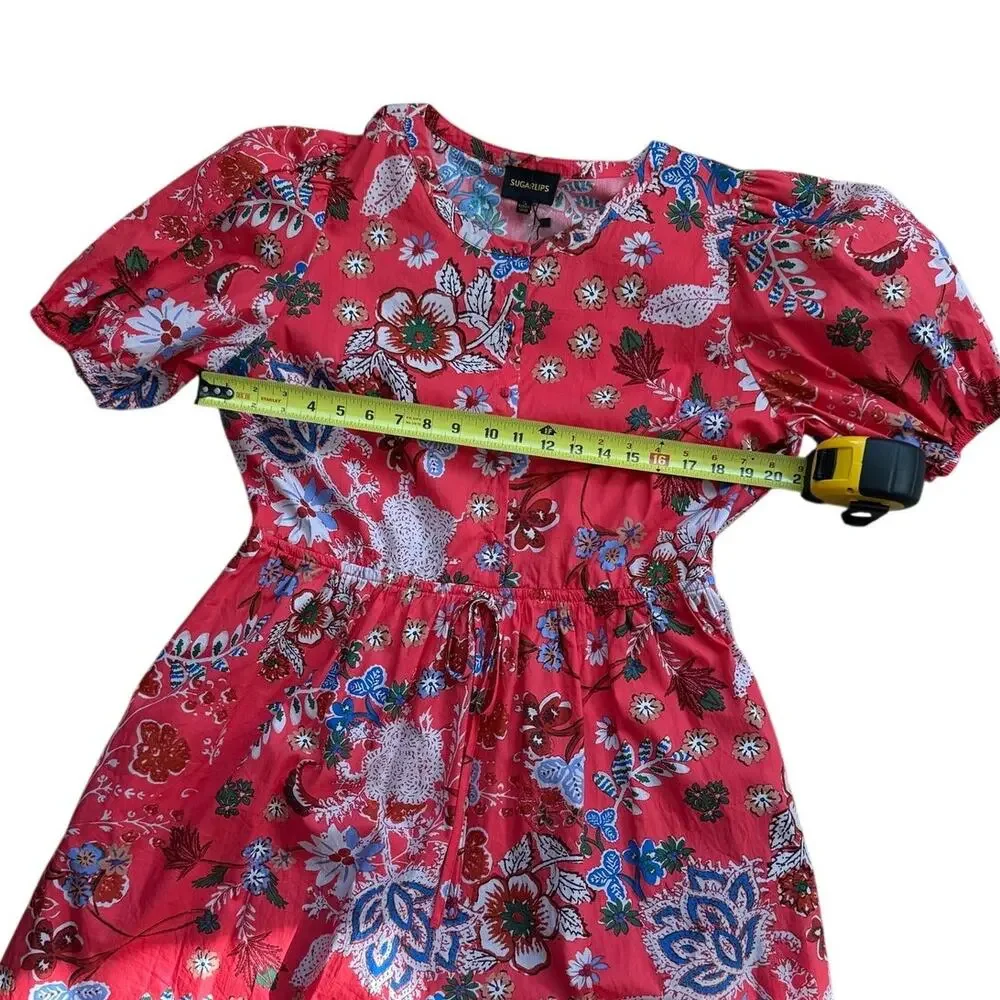 Sugarlips NWT Coral Floral Puff Sleeve Cotton Mini Dress Drawstring Waist Sz XL